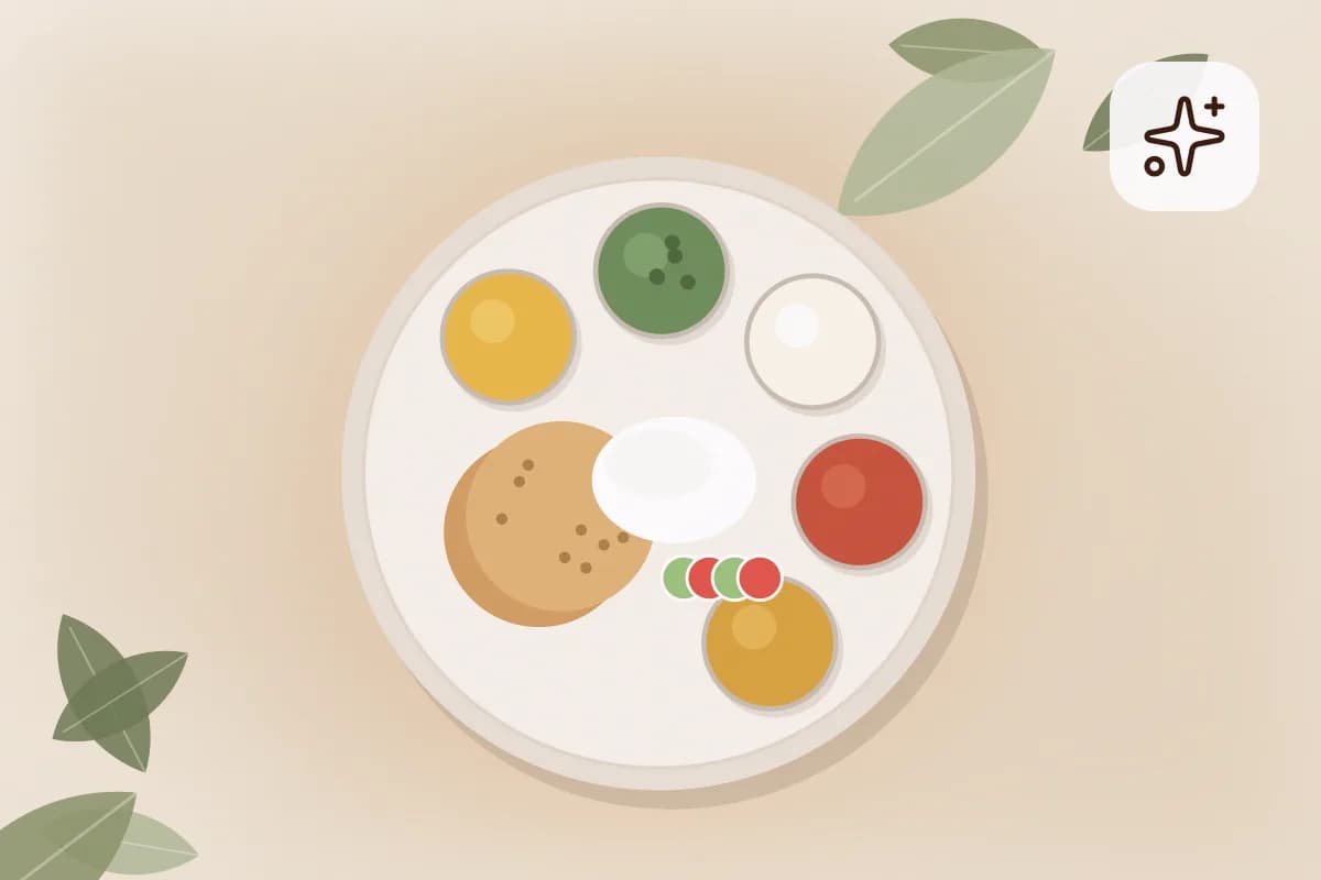 A wooden table with a glass of milk, a bowl of curd, ragi dosa, sesame seeds and a plate of leafy greens in an Indian kitchen