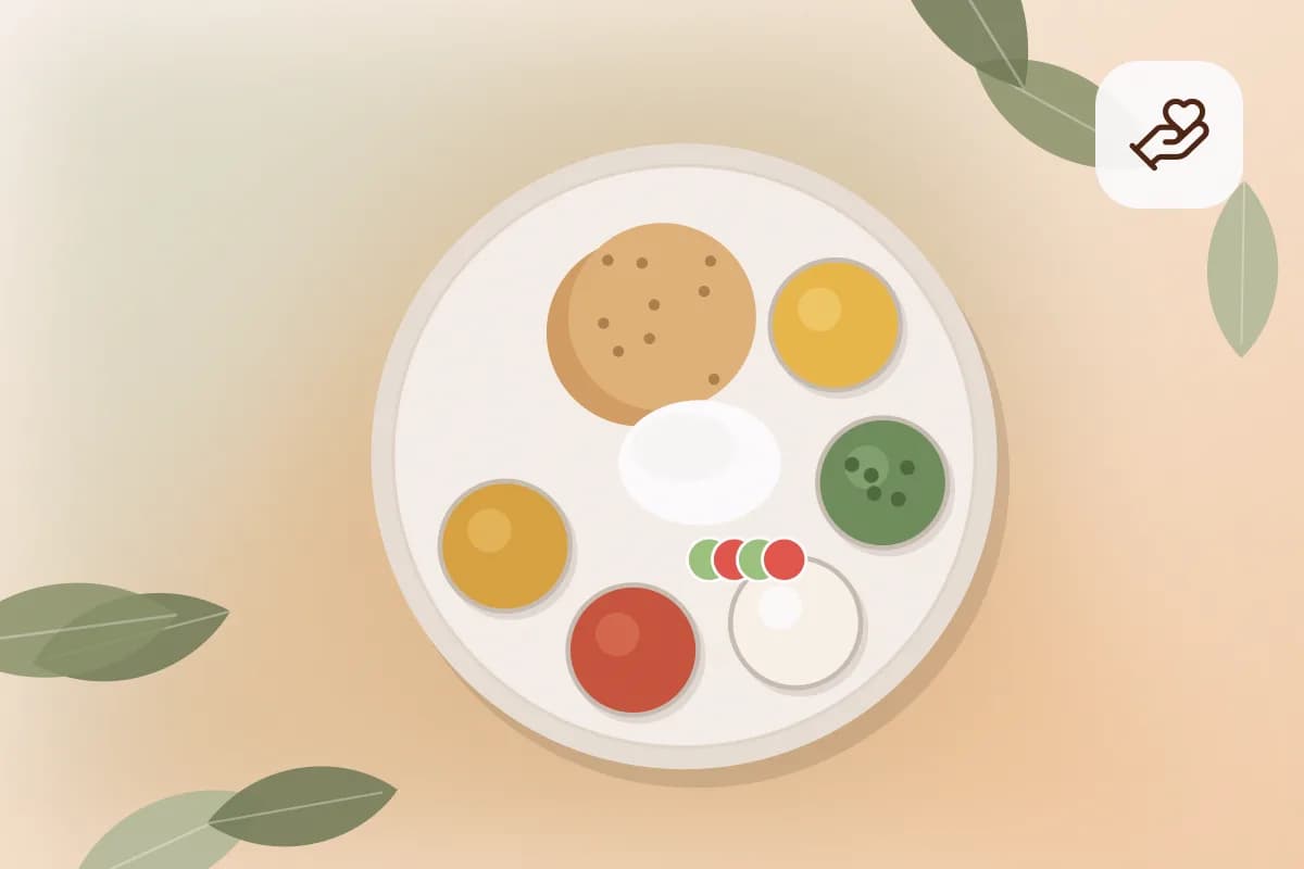 A new Indian mother sitting on a sofa with a thali of dal, rice, sabzi and a glass of water beside her while her baby sleeps nearby