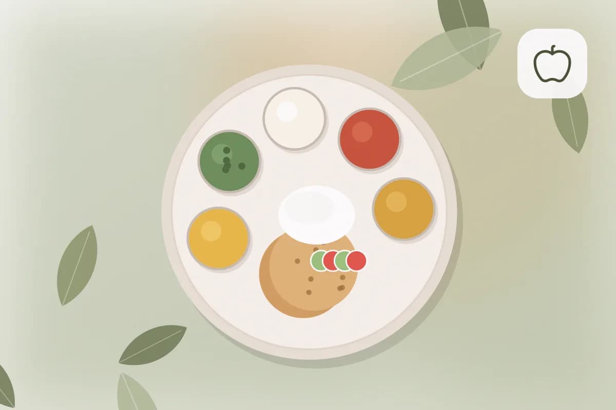 An open steel tiffin box with mini vegetable idlis, apple slices and roasted chana on a wooden kitchen counter in an Indian home