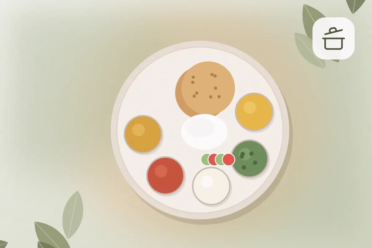 A warm Indian breakfast spread of moong dal chilla, mint chutney, a bowl of curd and sliced fruit on a steel plate by a window