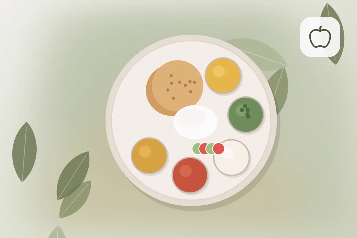 A young Indian child at a dining table looking curiously at a colourful plate of vegetable paratha, curd and cut fruit