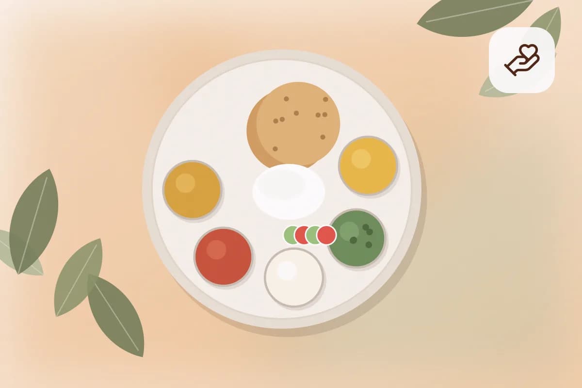 A new Indian mother holding her baby while a family member serves her a warm bowl of moong dal khichdi and a glass of milk