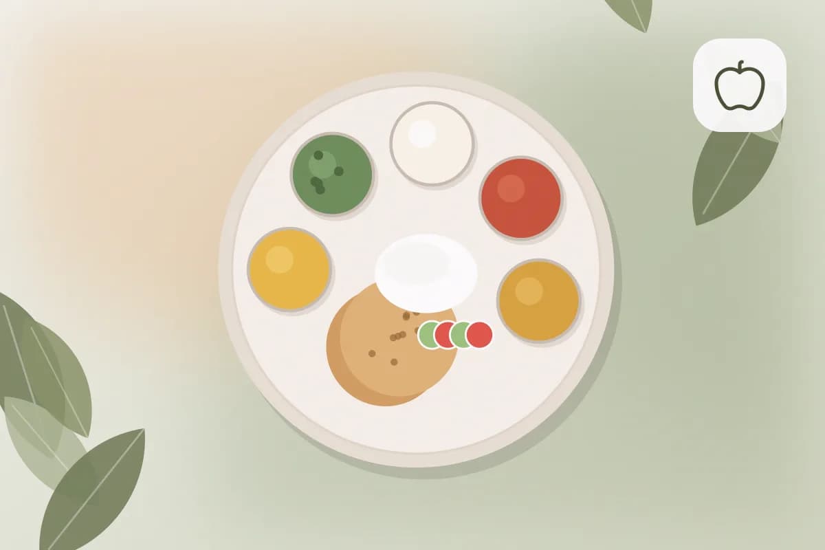 A child’s plate with a small bowl of dal, paneer cubes, a soft roti and cucumber slices on a bright kitchen table