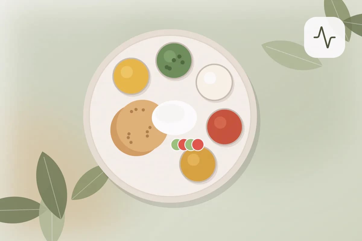 An Indian woman reading a food label in a bright kitchen with a balanced meal of dal, rice, vegetables and curd on the table