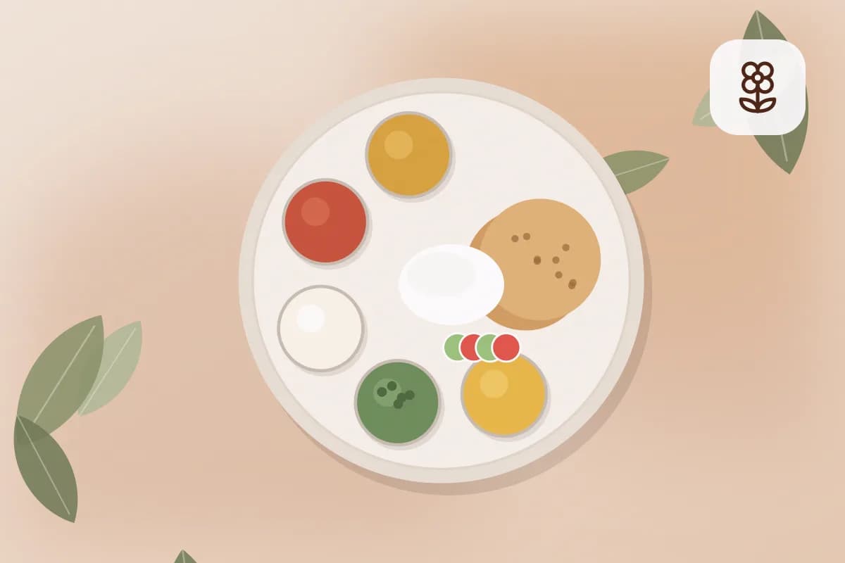 A colourful Indian thali with jowar roti, moong dal, mixed vegetable sabzi, cucumber salad and a small bowl of curd on a wooden table