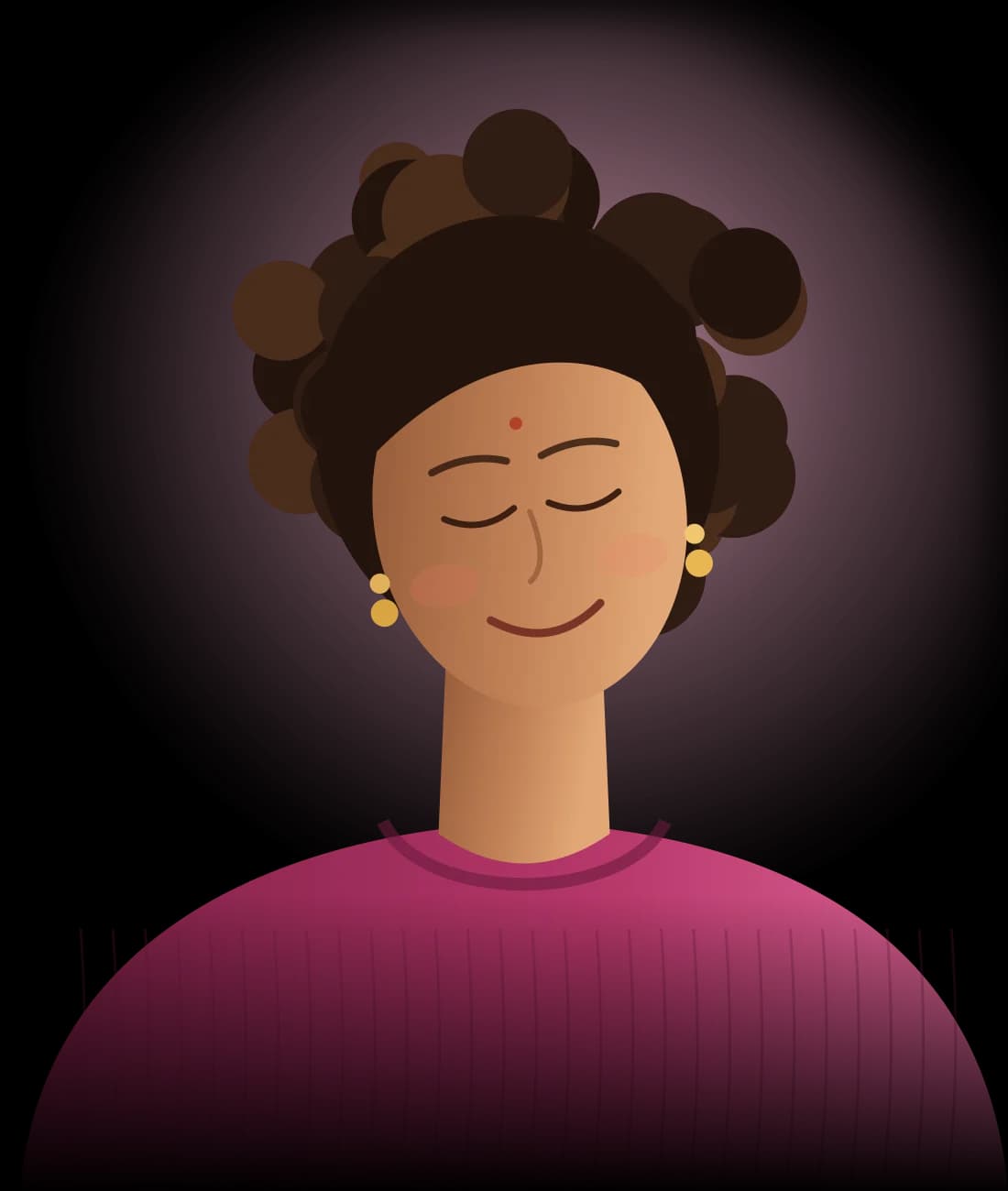 Illustration of a calm, smiling woman with her eyes closed in warm light