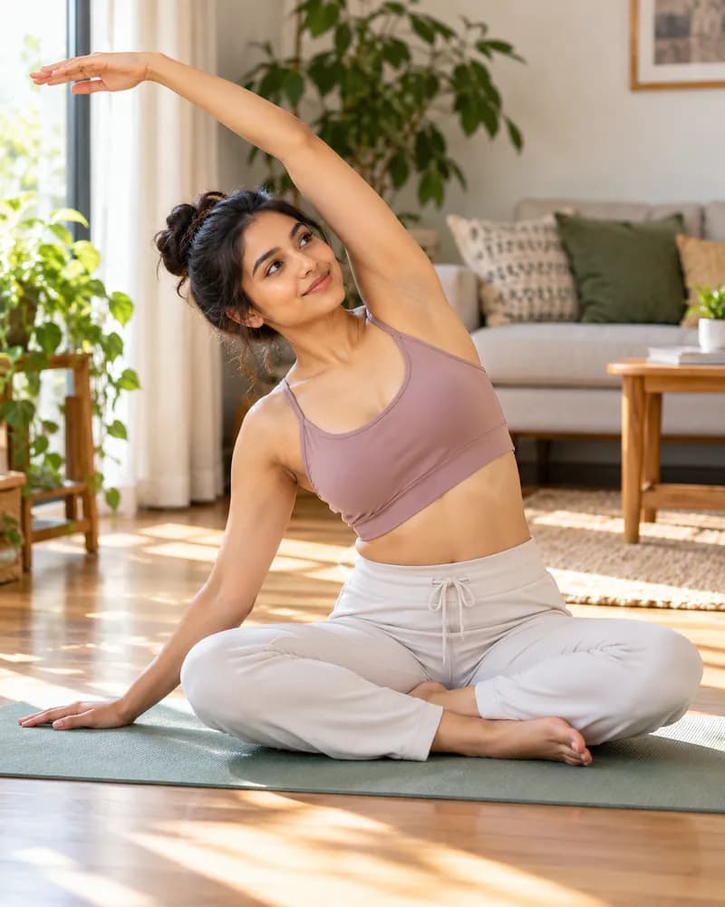 A woman doing a gentle side stretch on a yoga mat at home