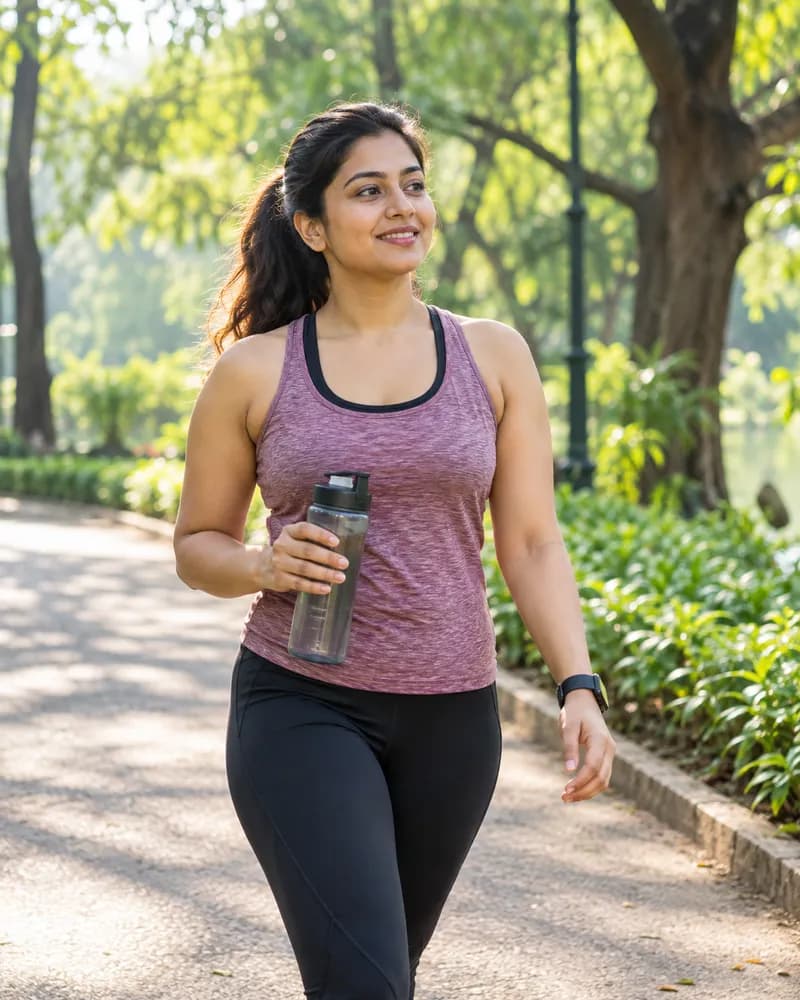 A smiling woman on a morning walk in the park with a water bottle