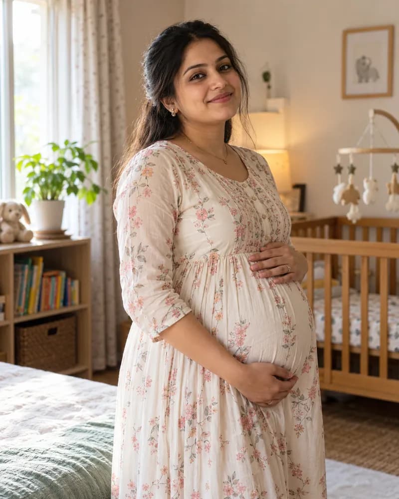 A pregnant woman in a floral dress standing in a nursery