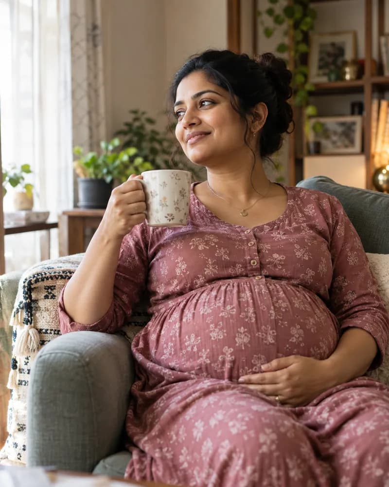 A pregnant woman relaxing in an armchair with a cup of tea