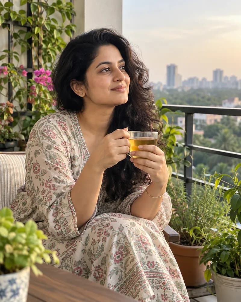 A woman enjoying a cup of tea on her balcony at sunset