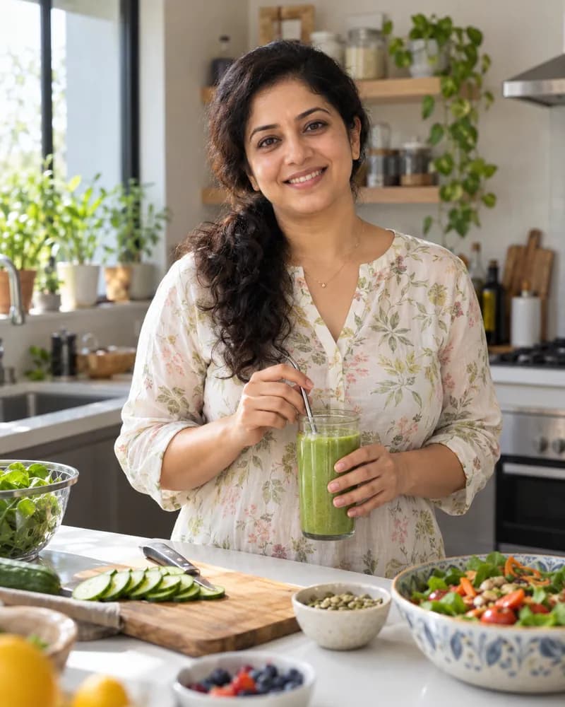 A smiling woman holding a green smoothie in her kitchen