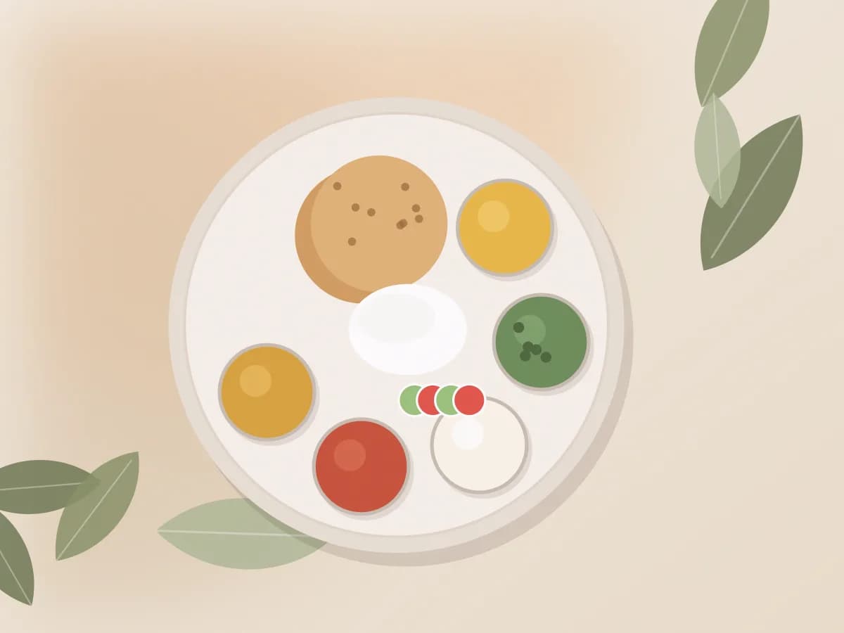 An Indian mother and her young child eating together at home, sharing vegetable paratha, curd and cut fruit on steel plates