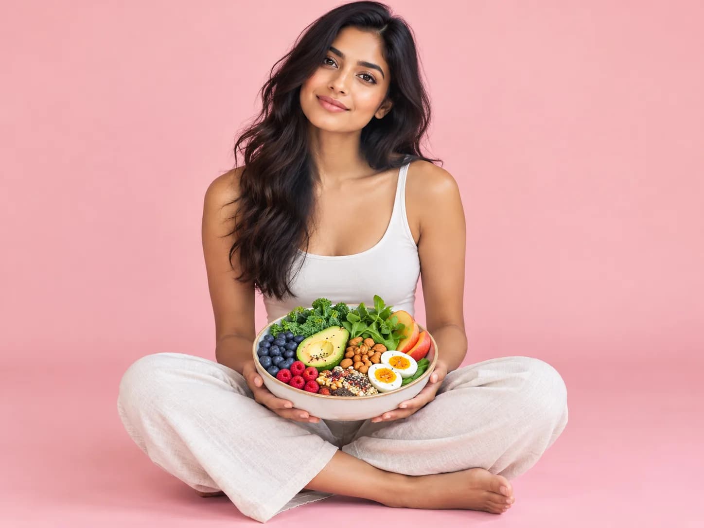 A smiling woman sitting cross-legged holding a nourishing bowl of greens, avocado, eggs, berries and nuts
