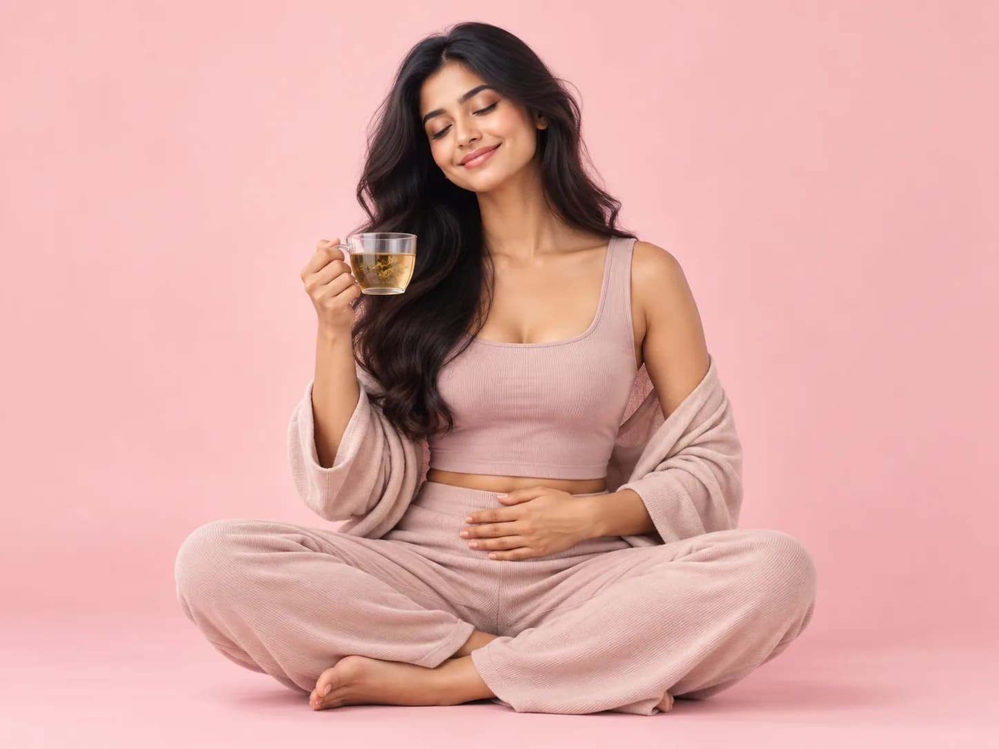 A calm, smiling woman sitting cross-legged with her hands resting on her stomach
