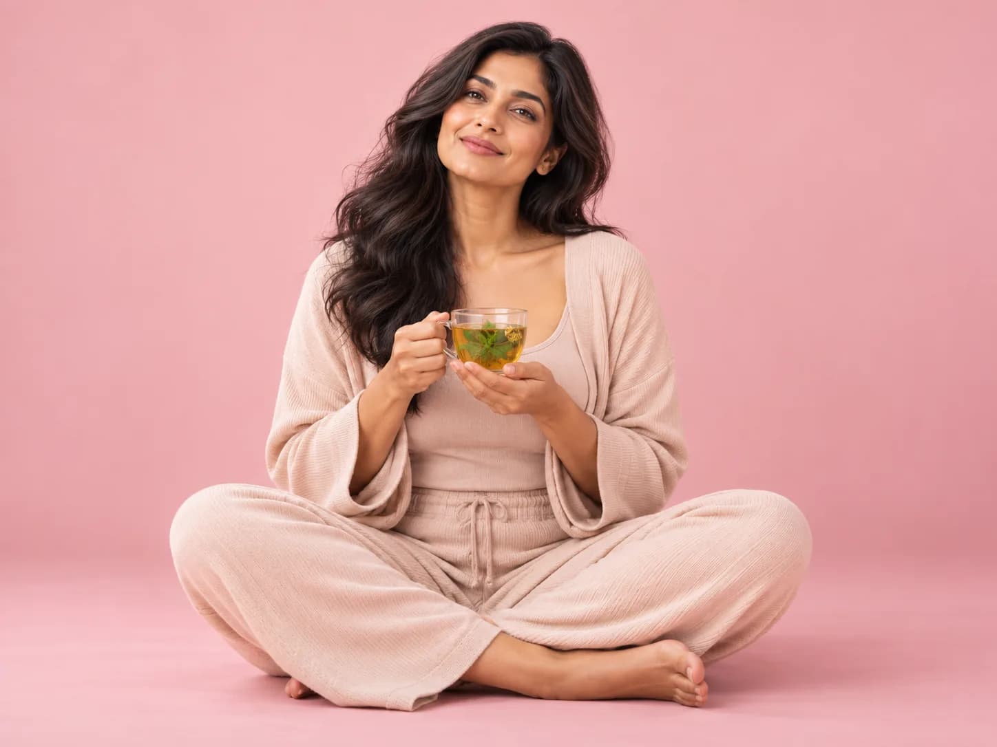 A calm, smiling woman sitting cross-legged holding a cup of herbal tea