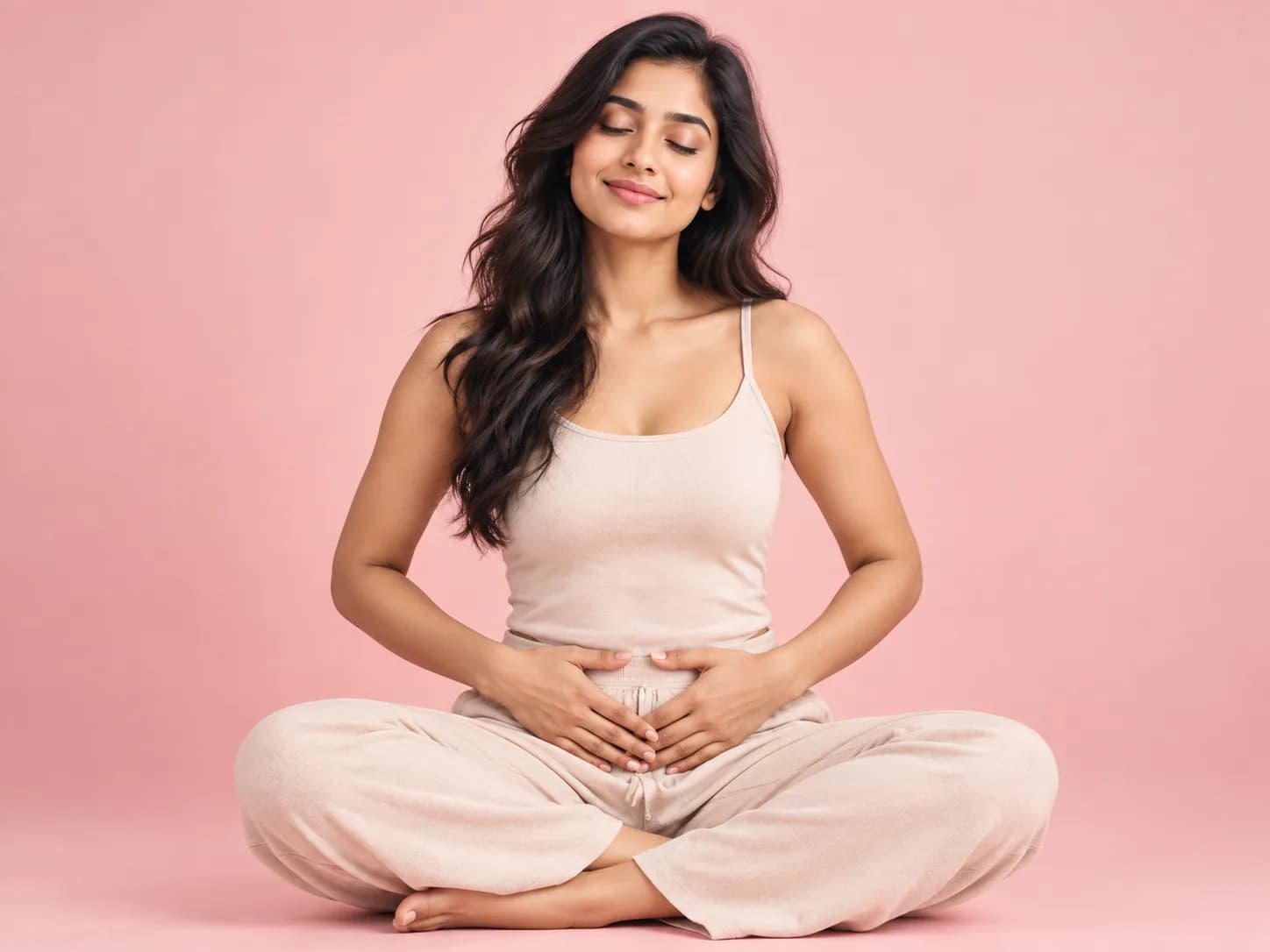 A calm woman sitting cross-legged with her eyes closed and her hands resting on her stomach