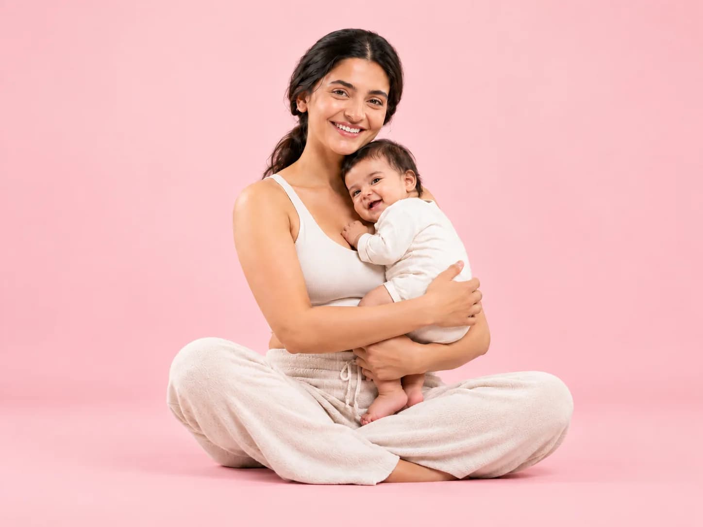 A smiling new mother sitting cross-legged and cuddling her happy baby