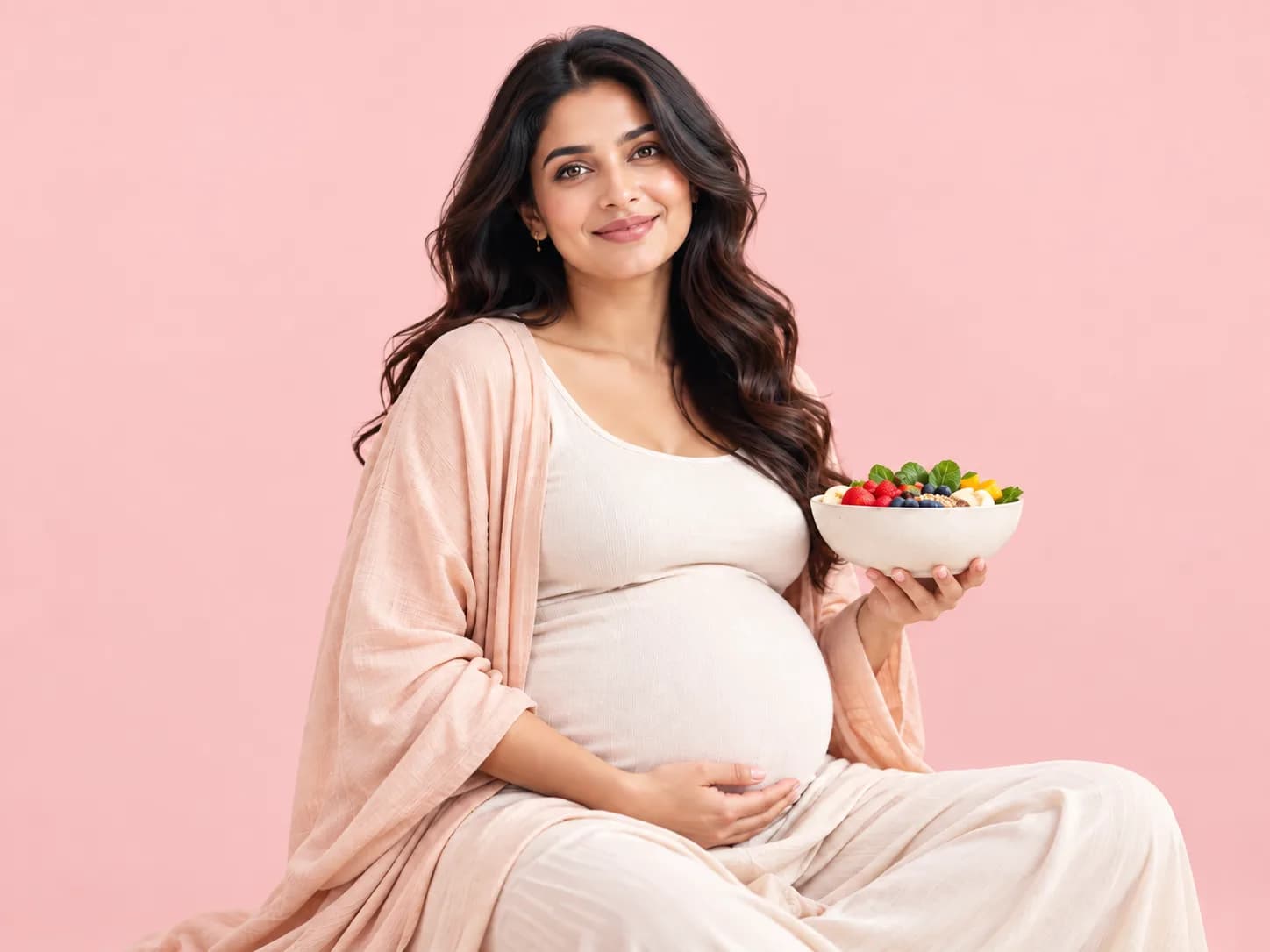 A smiling pregnant woman holding a bowl of fresh fruit and resting a hand on her belly
