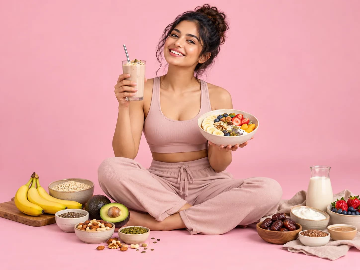 A smiling woman holding a smoothie and a nourishing bowl, surrounded by bananas, nuts, dates and milk